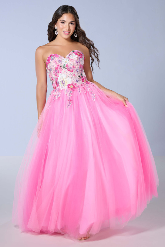 Tiffany 16142 A-line floral applique pink dress